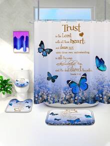 1 件/4 件藍色蝴蝶和花朵聚酯防水隔熱家居裝飾浴室浴簾帶 12 個掛鉤浴室防滑墊 U 形地墊和圓形馬桶座墊浴室套裝適合所有場景使用 - 藍色 - 查看 5