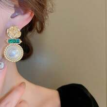 1 對 925 純銀耳環,鑲鑽花朵和珍珠設計,法式巴洛克復古風格珠寶,適合女士日常佩戴和節日禮物 - 金色 - 查看 3