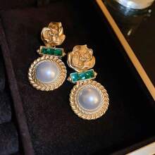 1 對 925 純銀耳環,鑲鑽花朵和珍珠設計,法式巴洛克復古風格珠寶,適合女士日常佩戴和節日禮物 - 金色 - 查看 2