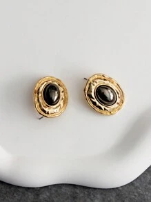 時尚設計橢圓形合金耳釘,具有幾何紋理表面,歐美的復古和輕奢風格