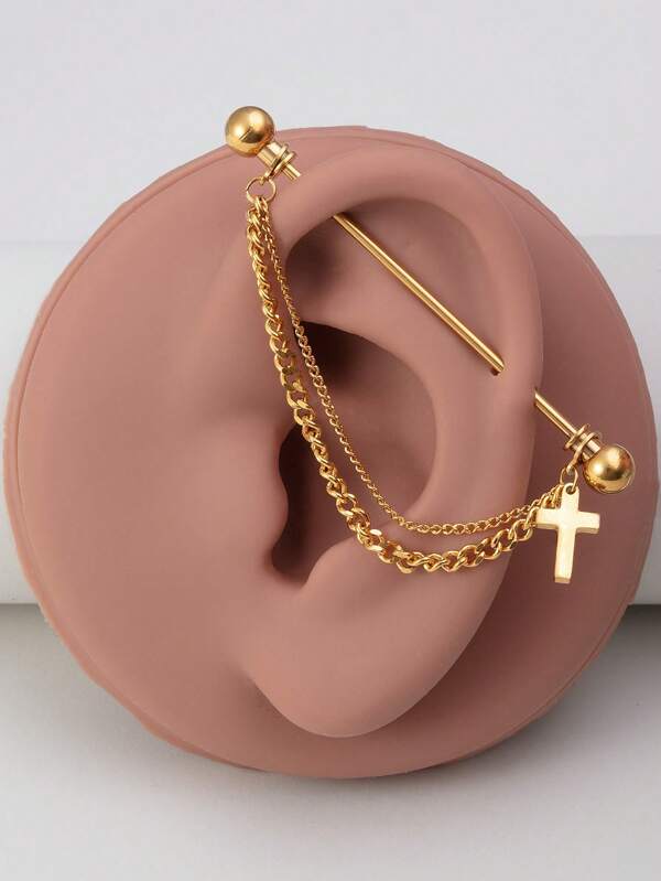 1pc Cross Chain Industrial Barbell Piercing Earring, Stainless Steel, Unisex Cartilage Stud