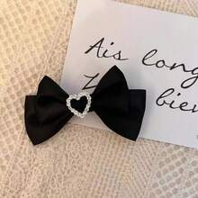 1套/2入組情人節緞面雙層心形蝴蝶結發夾,適用於日常穿著和節慶 - 黑色 - 查看 5