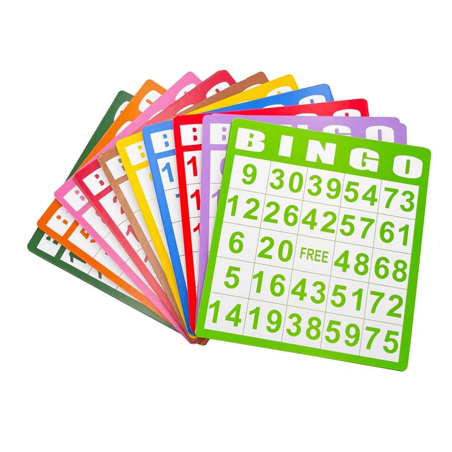 100张宾果卡,5英寸宽 x 5.3英寸高,粗体数字印刷,易于阅读,宾果游戏套装,混合颜色 - 红色、蓝色、黄色、紫色、绿色、棕色、橙色、粉色、深绿色、玫瑰色各10张,纸质卡片,适用于儿童派对、学校、家庭聚会、旅行,一次性使用(如果用记号笔标记),宾果玩家会喜欢用这些宾果卡玩游戏。 - 混色 - 查看 1