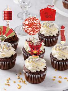 12pcs Spring Festival Party Cake Decoration Insert, Chinese Dragon Themed Flag & Sign For Paper Cupcake Topper, Party Supplies - Red - View 1
