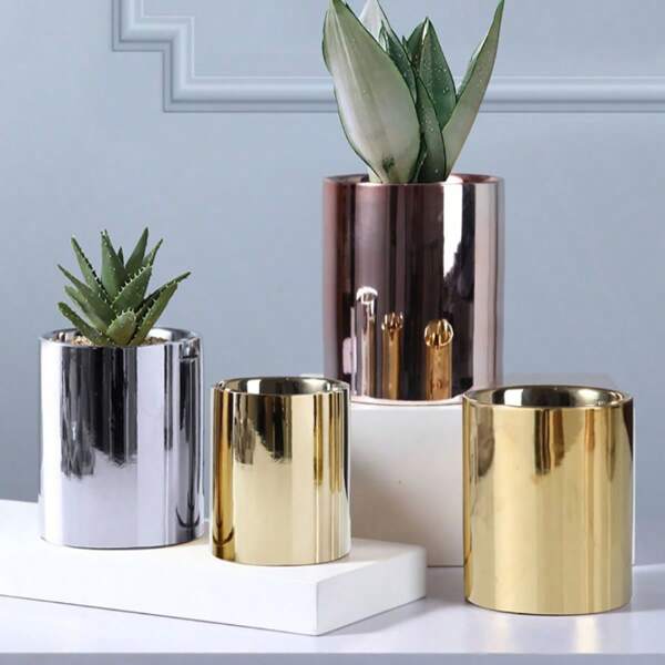 Golden Light Luxury Ceramic Electroplated Flower Pot, Mirror Flower Pot