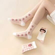 3雙粉紅色草莓女孩毛茸茸、柔軟、舒適、保暖的中筒襪 - 彩色 - 查看 5