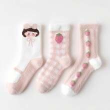 3雙粉紅色草莓女孩毛茸茸、柔軟、舒適、保暖的中筒襪 - 彩色 - 查看 3