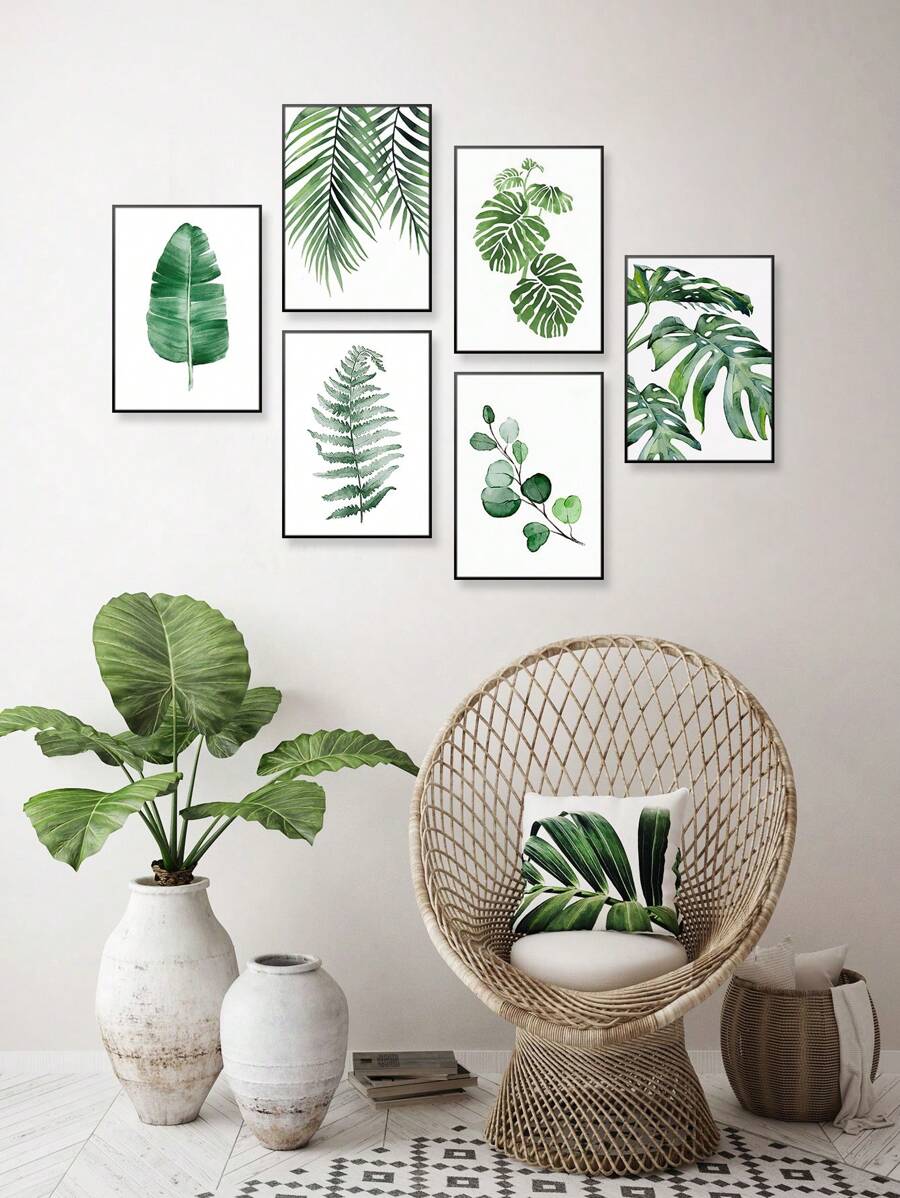 6入組熱帶植物北歐海報,斯堪的納維亞綠葉現代畫布壁畫,適用於臥室客廳辦公室裝飾,不包含畫框 - 彩色 - 查看 1