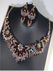 3pcs,Vintage Style Bridal Necklace Earrings Set Exaggerated Crystal Jewelry Set For Wedding - Purple - View 3