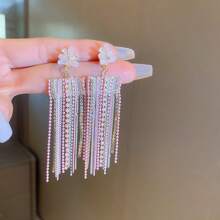 1pair 925 Sterling Silver Long Chain Tassel & Rhinestone Decor Earrings, Suitable For Women'S Daily Wear And As Evening Party Jewelry Gift - Pink - View 2