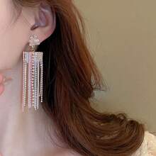 1pair 925 Sterling Silver Long Chain Tassel & Rhinestone Decor Earrings, Suitable For Women'S Daily Wear And As Evening Party Jewelry Gift - Pink - View 3