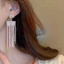 1pair 925 Sterling Silver Long Chain Tassel & Rhinestone Decor Earrings, Suitable For Women'S Daily Wear And As Evening Party Jewelry Gift - Pink - View 7