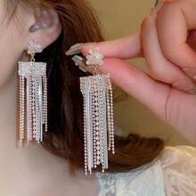 1pair 925 Sterling Silver Long Chain Tassel & Rhinestone Decor Earrings, Suitable For Women'S Daily Wear And As Evening Party Jewelry Gift - Pink - View 1