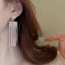 1pair 925 Sterling Silver Long Chain Tassel & Rhinestone Decor Earrings, Suitable For Women'S Daily Wear And As Evening Party Jewelry Gift - Pink - View 8