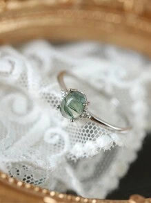 BALMORA 1 件纯银 S925 银复古优雅时尚人造草玛瑙镂空开口可调节金指环简约风格日常生活派对珠宝礼物 - 銀色 - 查看 5