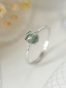 BALMORA 1 件纯银 S925 银复古优雅时尚人造草玛瑙镂空开口可调节金指环简约风格日常生活派对珠宝礼物 - 銀色 - 查看 4