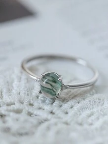 BALMORA 1 件纯银 S925 银复古优雅时尚人造草玛瑙镂空开口可调节金指环简约风格日常生活派对珠宝礼物 - 銀色 - 查看 6