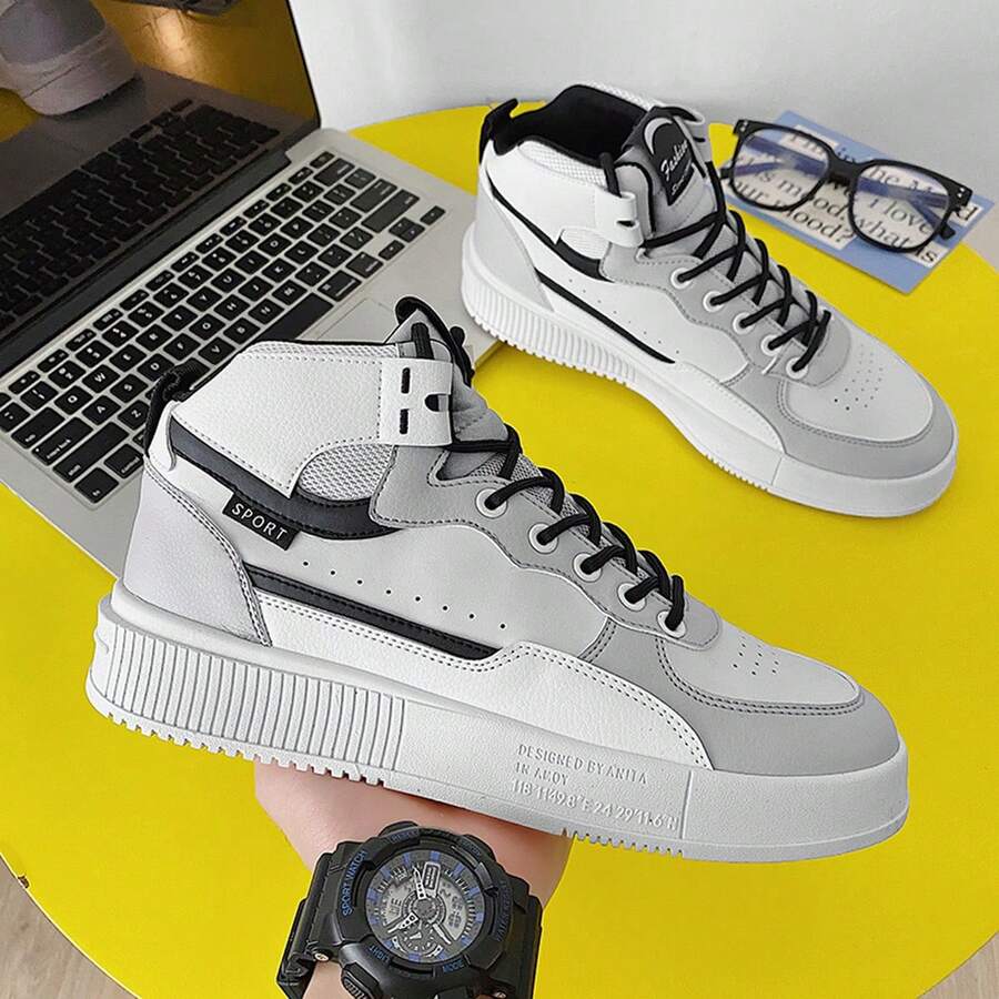 男鞋2023新款冬季时尚休闲韩版运动板鞋百搭高帮运动鞋 - 白灰 - 查看 1