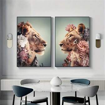 2pcs Flowers Lion Poster And Prints Wall Art Canvas Painting Modern Abstract Pink Plant Animals Picture For Living Room Home Decor No Frame Gifts Birthday Graduation