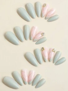 24pcs Grey, Pink & Almond Shaped Metallic Striped Nail Stickers, Handmade Nail Art Decals Suitable For Women & Girls - Multicolor - View 2