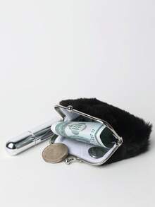 1 套 5ML 亮银色空香水喷雾瓶和 3 英寸时尚纯色迷你毛绒零钱包搭扣小零钱包 3 英寸带扣钱包女孩迷你零钱包毛皮钥匙钱包女士女孩礼物口红收纳袋女士钱包 - 彩色 - 查看 4