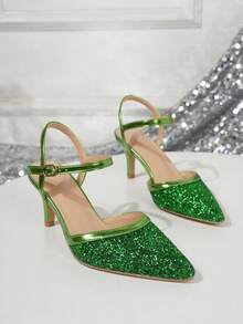 Brokatowe, zakryte palce, szpilki na wysokim obcasie dla kobiet - Zielony - Zobacz 4