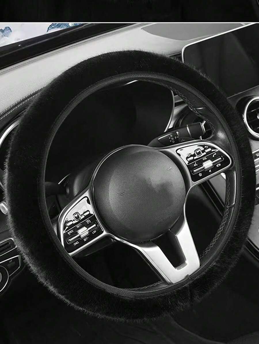 1pc Short Plush Winter Warm Steering Wheel Cover, Cute, Breathable, Non Slip, Comfortable - Black - View 1
