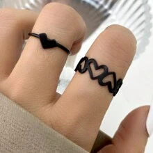 2 件裝簡單時尚 Ins 心形鏤空光面戒指套裝,非常適合情侶、女士、約會、派對、日常、聖誕節、情人節禮物 - 黑色 - 查看 5