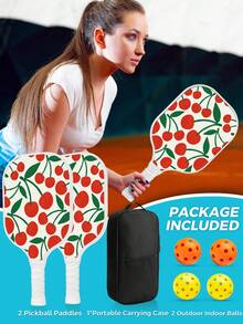 Pickleball Set, 2 Rackets, 4 Balls, 1 Pack, High-Density Fiberglass Frosted Surface With A Lightweight Pickball Rack, Red Cherry Pomegranate Pattern, Suitable For Indoor And Outdoor Entertainment, Sports, Professional Competitions, Etc - Red - View 7
