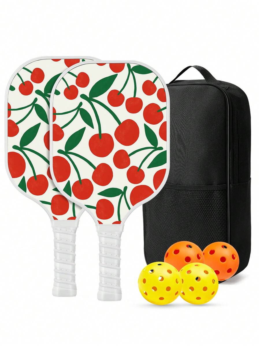 Pickleball Set, 2 Rackets, 4 Balls, 1 Pack, High-Density Fiberglass Frosted Surface With A Lightweight Pickball Rack, Red Cherry Pomegranate Pattern, Suitable For Indoor And Outdoor Entertainment, Sports, Professional Competitions, Etc - Red - View 1