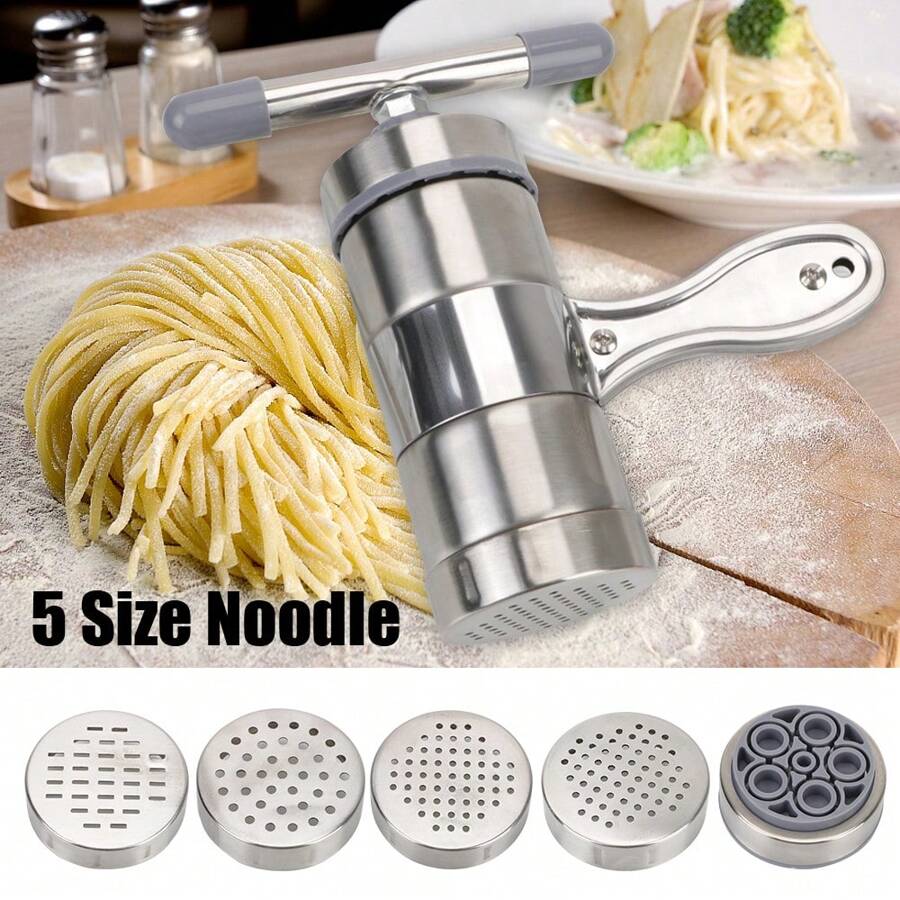 1Pc Making Spaghetti Multifunctional Press Pasta Machine Fruits Juicer Stainless Steel With 5 Pressing Moulds Manual Noodle Maker - Silver - View 1