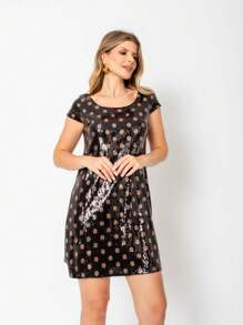 VESTIDO CURTO DE PAETÊ PRETO COM POÁS DOURADOS