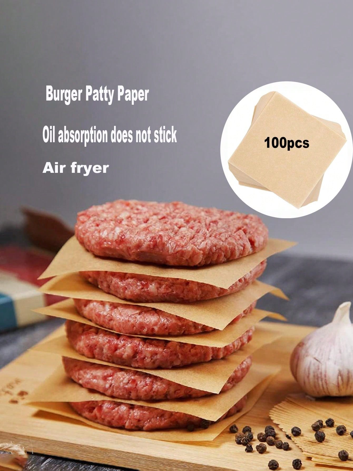 100pcs NonStick Square Hamburger Patty Paper, Air Fryer Paper, Beef