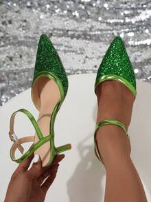 Brokatowe, zakryte palce, szpilki na wysokim obcasie dla kobiet - Zielony - Zobacz 3