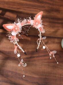 1個兔/狐/貓耳朵絨毛球髮箍,適用於女孩傳統漢服髮飾復古風格 - 彩色 - 查看 4