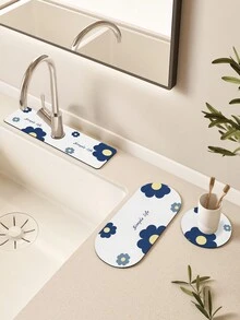 Polyester Technology Velvet Material Water Tap Mat - Simple & Nordic Style, Water Absorbent, Easy To Clean, Anti-Skid Rubber Bottom, Suitable For Kitchen/Bathroom, Cup Coaster, 1pc - Blue and White - View 4