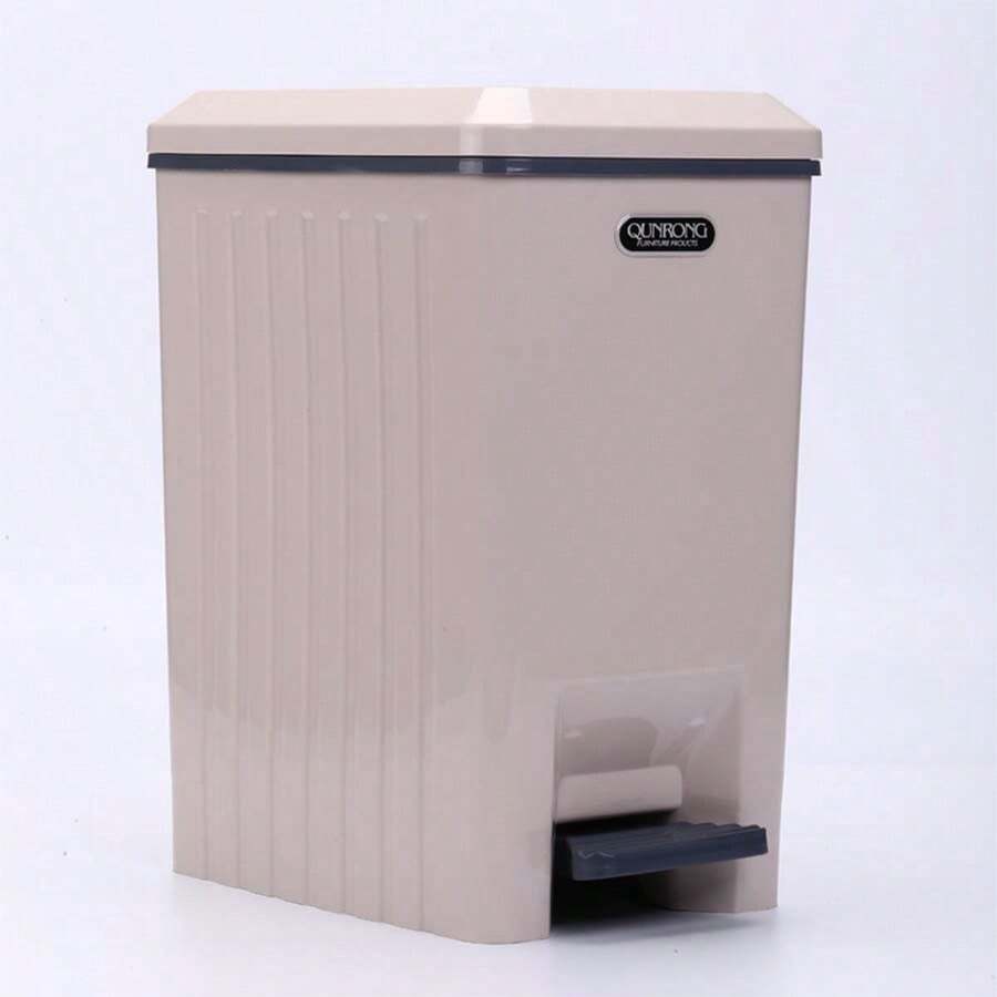 1pc Plastic Foot-Pedal Garbage Bin With Lid, Slow-Close, Large Size, For Kitchen And Home Use - Khaki - View 1