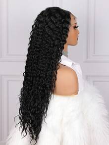 柔軟水波天然黑色26英寸180密度頭髮微糾卷深色蕾絲前綁假髮,配有發絲,長時間耐熱,每日1入組/個,適用於冬季聖誕節 - 黑色 - 查看 6