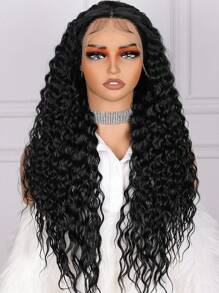 柔軟水波天然黑色26英寸180密度頭髮微糾卷深色蕾絲前綁假髮,配有發絲,長時間耐熱,每日1入組/個,適用於冬季聖誕節 - 黑色 - 查看 2