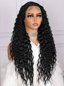 柔軟水波天然黑色26英寸180密度頭髮微糾卷深色蕾絲前綁假髮,配有發絲,長時間耐熱,每日1入組/個,適用於冬季聖誕節 - 黑色 - 查看 4