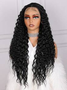 柔軟水波天然黑色26英寸180密度頭髮微糾卷深色蕾絲前綁假髮,配有發絲,長時間耐熱,每日1入組/個,適用於冬季聖誕節 - 黑色 - 查看 5