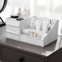 1pc Plastic Bathroom Vanity Table Cosmetic Storage Box With 2 Drawers, Jewelry Organizer Storage Box For Lipstick, Eyebrow Brush, Makeup Brush, Eye Shadow, Nail Polish, Desktop Dictionary Storage Box For Office - White - View 8