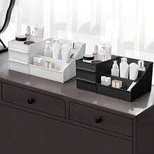 1pc Plastic Bathroom Vanity Table Cosmetic Storage Box With 2 Drawers, Jewelry Organizer Storage Box For Lipstick, Eyebrow Brush, Makeup Brush, Eye Shadow, Nail Polish, Desktop Dictionary Storage Box For Office - White - View 4