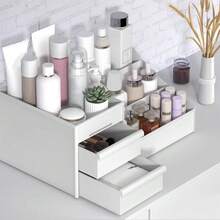 1pc Plastic Bathroom Vanity Table Cosmetic Storage Box With 2 Drawers, Jewelry Organizer Storage Box For Lipstick, Eyebrow Brush, Makeup Brush, Eye Shadow, Nail Polish, Desktop Dictionary Storage Box For Office - White - View 2