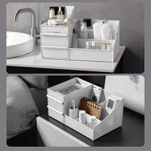 1pc Plastic Bathroom Vanity Table Cosmetic Storage Box With 2 Drawers, Jewelry Organizer Storage Box For Lipstick, Eyebrow Brush, Makeup Brush, Eye Shadow, Nail Polish, Desktop Dictionary Storage Box For Office - White - View 7