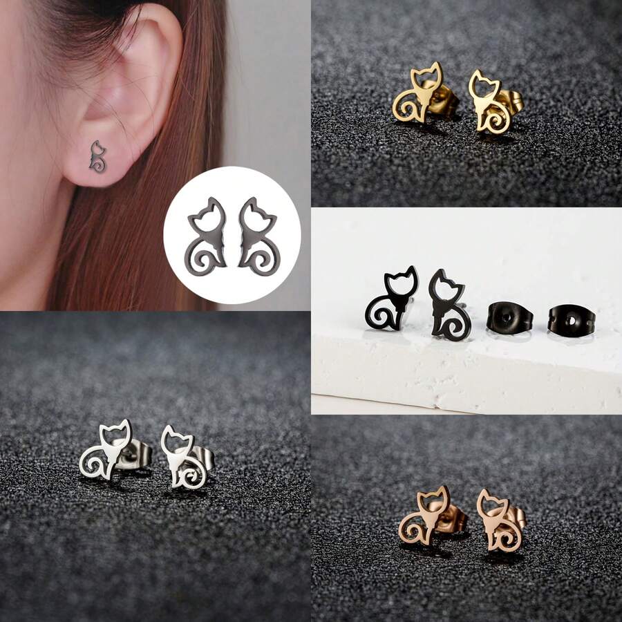 1對不鏽鋼簡約寵物貓耳環,可愛甜美動物簡約珠寶,適用於派對、結婚周年紀念
