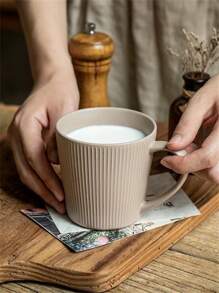 1pc Nordic Style Striped Relief Ceramic Mug With High Aesthetic Value And Large Capacity, Ideal For Breakfast Or Coffee Time At Home - Coffee Brown - View 1