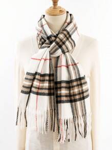 1pc Multicolor Plaid Faux Cashmere Scarf With Tassels, Suitable For Daily Commuting And Outfit Matching - White - View 6