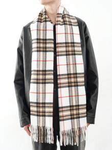 1pc Multicolor Plaid Faux Cashmere Scarf With Tassels, Suitable For Daily Commuting And Outfit Matching - White - View 4