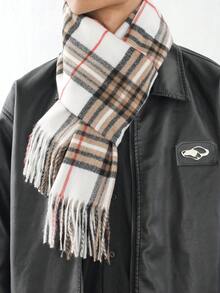 1pc Multicolor Plaid Faux Cashmere Scarf With Tassels, Suitable For Daily Commuting And Outfit Matching - White - View 2